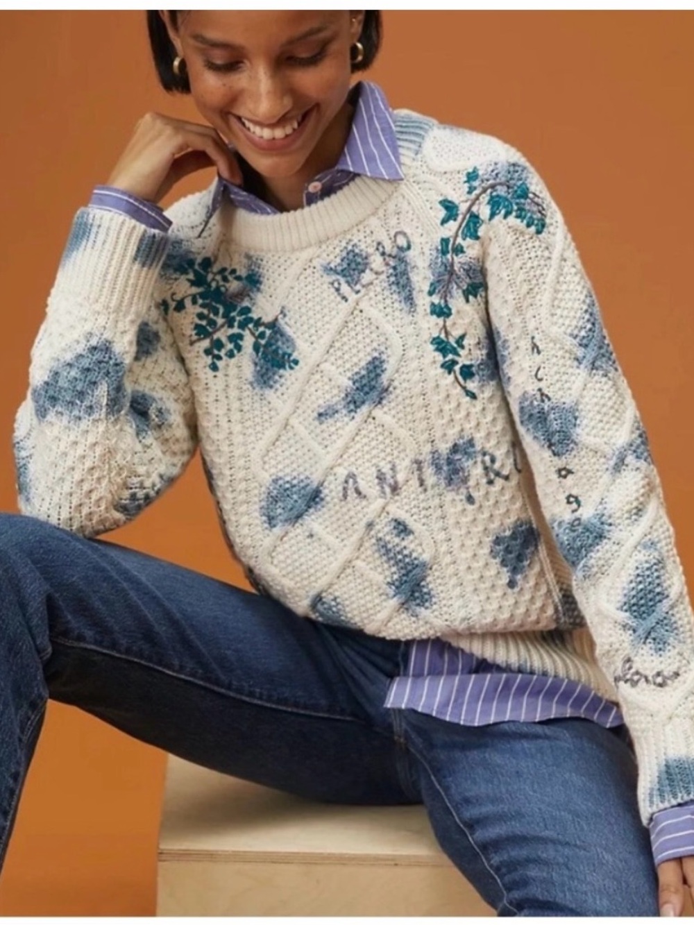 Pilcro Vineyard Cable Knit Sweater XS Anthropologie Embroidered Blue Ivory